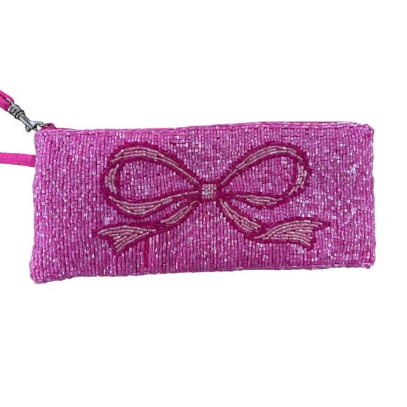 Liz Claiborne Hot Pink Satin Clutch‎ – Beaded Bow, Barbiecore Wristlet, Coquette - Picture 1 of 5